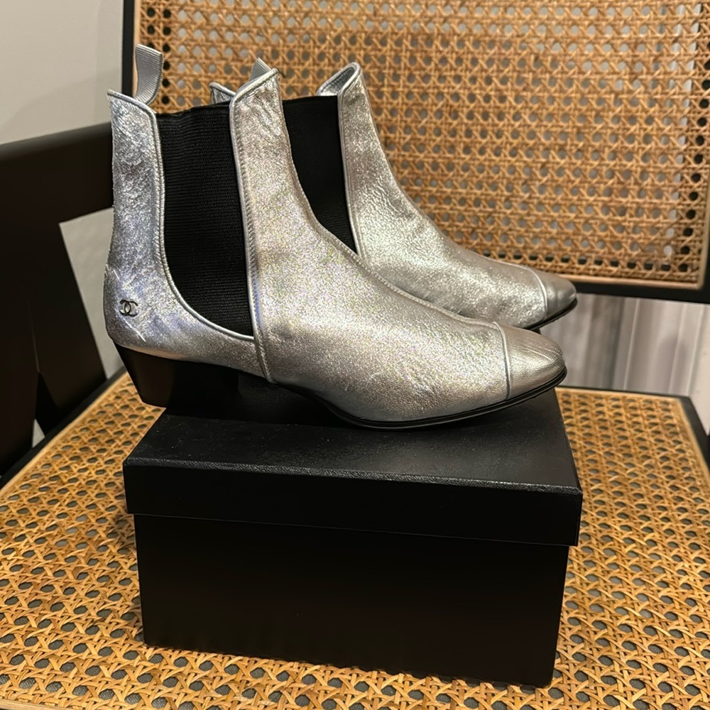 Chanel silver metallic Chelsea boots